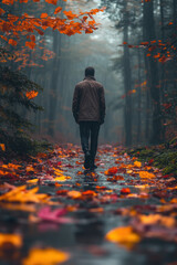 Man walking down forest path.