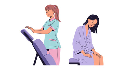 Professional massage therapist preparing to treat a patient seated on a massage chair