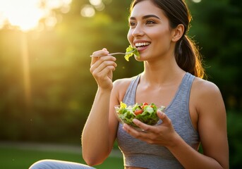 Fitness Woman Eating Salad Outdoors in Bright Sunlight Enjoying Healthy Meal