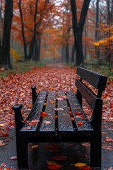 Fall leaves scattered around a bench in the rain.