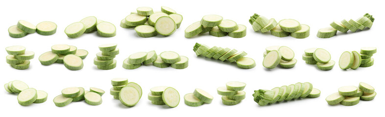 Pieces of fresh ripe zucchinis isolated on white, collage