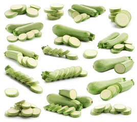 Fresh ripe zucchinis isolated on white, collage. Whole and cut