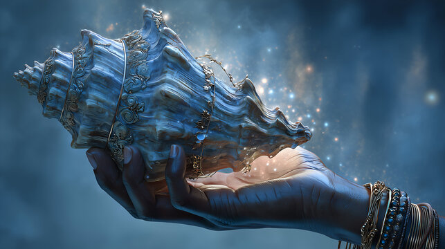 Sacred conch shell shankha held in a divine hand