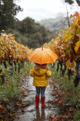 Little girl in yellow raincoat and red boots walks in vineyard rain.