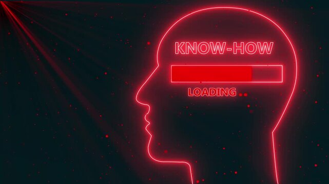 Human Head Profile With know-How loading in Mind. Business creativity and Innovation concept.  4K Animation Video.