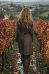 Woman walking in vineyard rain.