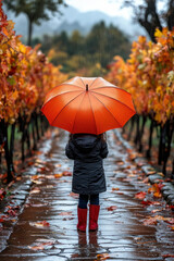 Little girl in red boots and umbrella stands in rain.