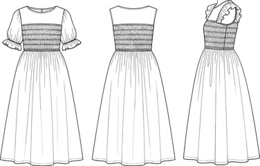Smocked bodice midi dress technical flat sketch, ruffle sleeve design, back and side view, vector cad drawing illustration