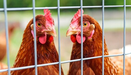 Two brown hens behind a wire fence