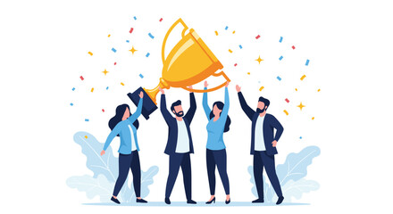 Team celebration success and achievement holding a golden trophy together amidst falling confetti