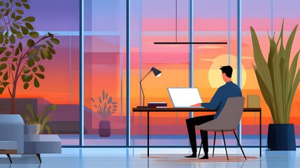 Man Working on Laptop in Modern Workspace with Plants During Colorful Sunset View