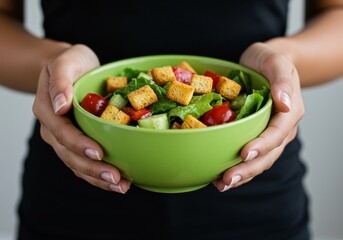 Hands of woman holding salad bowl with croutons fresh healthy meal close up