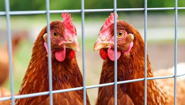 Two brown hens behind a wire fence