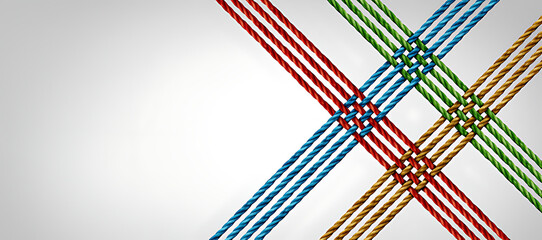 Interconnectedness and Collaboration Represented by Intertwined Ropes of Different Colors Forming a Network on a Light Gray Background Symbolizing Unity Strength and Teamwork	