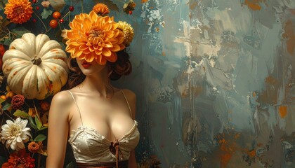 An ethereal figure with a floral crown and adorned with blooms, with a sense of fantasy and artistry 