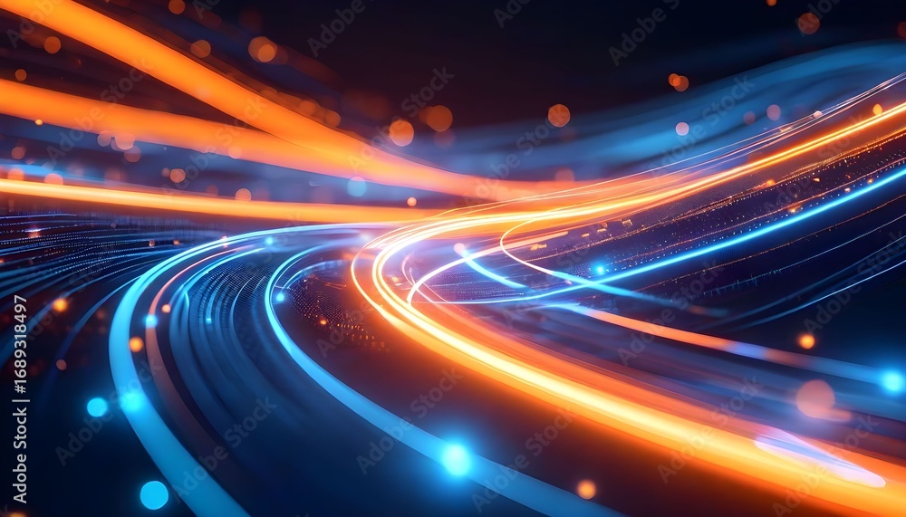 Poster abstract background of glowing orange and blue light trails representing high-speed data transfer an