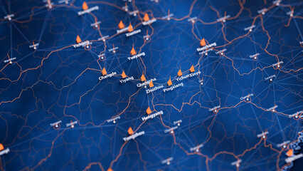 Zhuzhou map big data visualization. Futuristic map infographic of city in China. Visual map data complexity in modern blue and orange colors