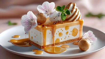 Decadent Caramel Cheesecake Dessert Garnished with Edible Flowers and Mint Leaves