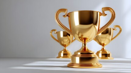 Three Glimmering Gold Trophies Arranged Elegantly on a White Background with Soft Shadows