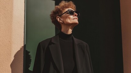 A woman in a black coat and sunglasses stands in front of a building. She is smiling and looking up at the sky