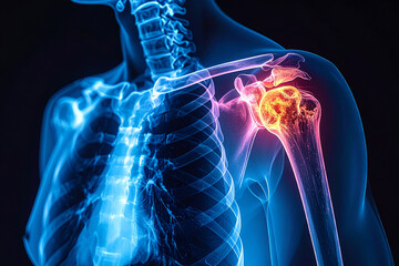 A medical 3D rendered illustration of a human skeleton and its bones with an x-ray scan to show the spine, joints, and anatomy of the body