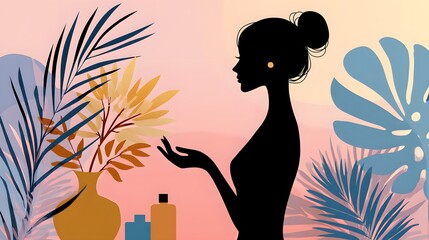 Silhouette of a Woman Surrounded by Tropical Leaves and Flowers Against a Soft Colorful Background