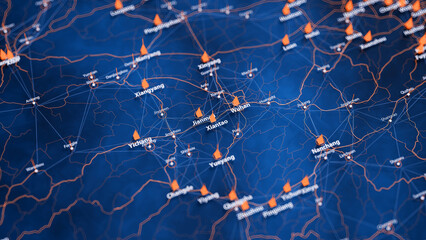 Xiantao map big data visualization. Futuristic map infographic of city in China. Visual map data complexity in modern blue and orange colors