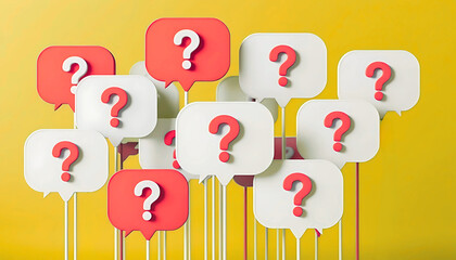 A collection of red and white speech bubbles with question marks arranged in a group on a vibrant yellow background, perfect for themes of inquiry, frequently asked questions, and problem-solving.