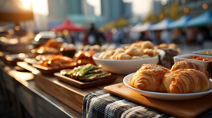 Variety of Gourmet Food Dishes Displayed on a Table at an Outdoor Evening Market Festival