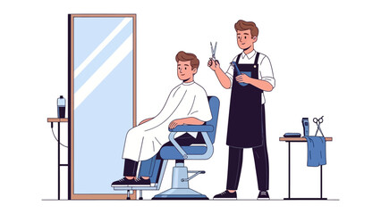 Modern barber shop scene featuring a stylist giving a haircut to a client in a chair
