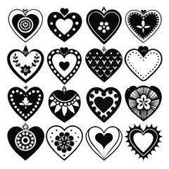 Collection of Sixteen Black and White Decorative Heart Icons with Various Patterns symbol love