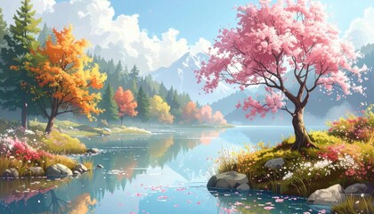 A vibrant landscape featuring a picturesque view of a calm lake, blossoming cherry trees, and a beautiful mountainous backdrop