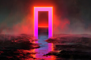 Radiant neon portal archway over dark water with mystical fog. Virtual gateway to unknown dimensions. Abstract digital art background.