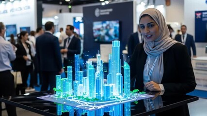 Expo futuristic city model demonstration with businesswoman in hijab - Powered by Adobe