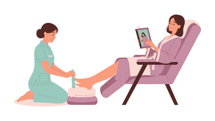 Woman receives a relaxing pedicure while comfortably seated and looking at a tablet device