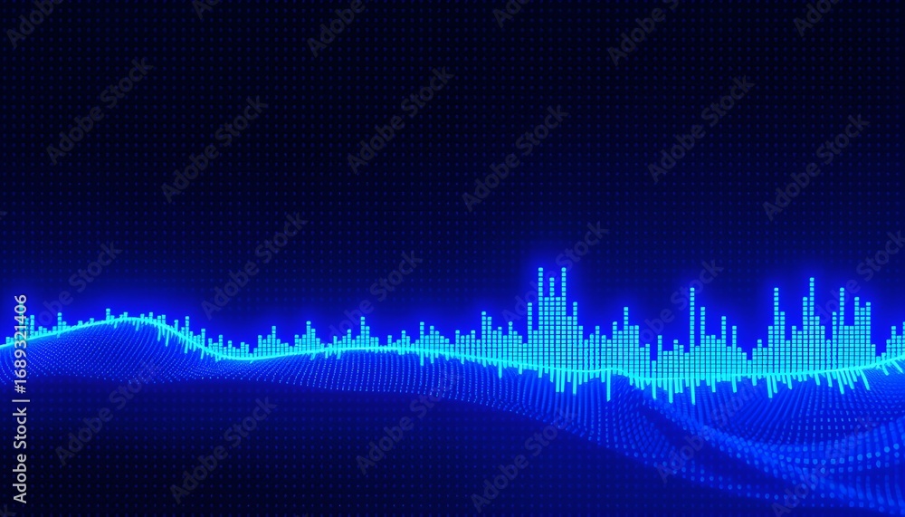 Poster abstract digital audio waveform visualization with vibrant blue color, representing sound frequencie