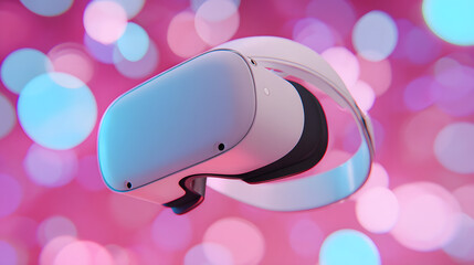 Virtual reality headset floating against a colorful bokeh background. Metaverse and digital gaming concept for modern technology.