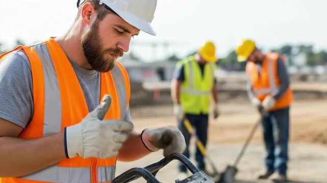 Construction worker in hard hat and safety vest operating a compactor on a sunny day at a building site with colleagues in the background
