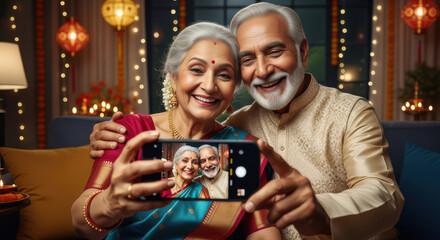 happy senior indian couple using smartphone together on diwali festival