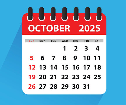 October 2025 Calendar Leaf. Calendar 2025 in flat style. October 2025 Calendar. Week starts on Sunday. Blank Calendar Template. Stationery Design. Vector Illustration