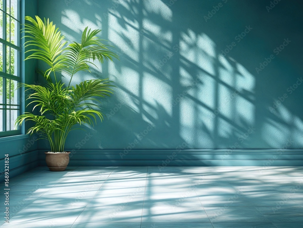 Poster bright room with palm tree in pot next to window, light and shadows. use as backdrop for mockups or 