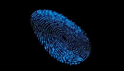 A glowing blue digital fingerprint composed of tiny particles against a black background, representing biometric security and identity.