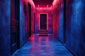Obraz premium Red-lit corridor with blue walls.