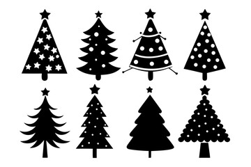 set of different Cute Christmas Tree black silhouette  vector