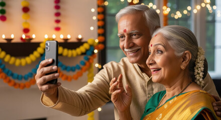 happy senior indian couple using smartphone together on diwali festival