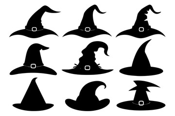 set of Halloween witch hat black silhouette, Set of different witch hats vector