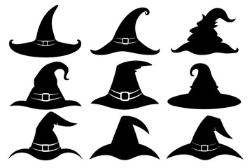 set of Halloween witch hat black silhouette, Set of different witch hats vector