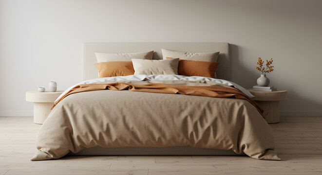 A luxurious double bed with plush pillows and cozy bedding rests in a beautifully designed bedroom