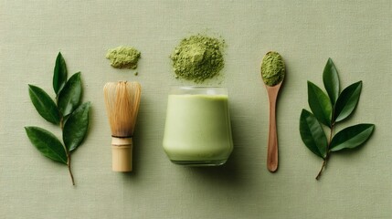 Matcha Latte Flat Lay with Bamboo Whisk, Wooden Spoon and Green Tea Leaves on Linen Background, Minimal Clean Beverage Concept
