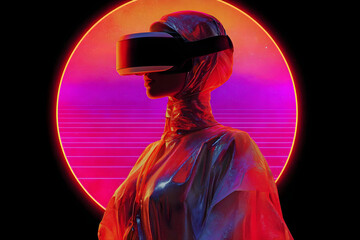 Woman with virtual reality headset. Metaverse and cyberspace. Digital gaming technology and entertainment. Future augmented reality experience.